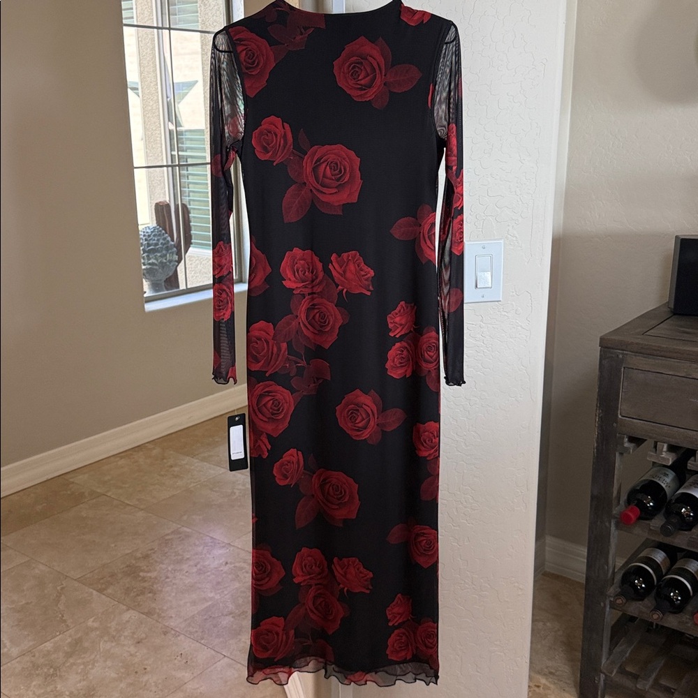 Bebe Bodycon Black Dress with Red Rose Print and sheer long sleeves NWT - Picture 6 of 6